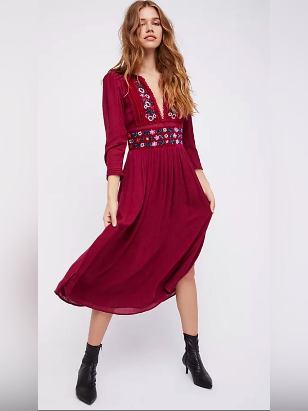 Free people flora Wine Red Embroidered Midi Dress Sz small